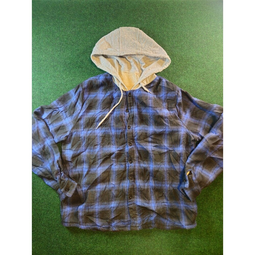 Mens Blue Flannel Plaid Hooded Size XL Heavy Long Sleeve Button Down Jacket